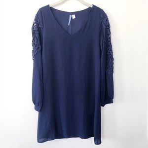 Francesca's Moonlight Long Sleeve Appliqué Navy Mini Dress, Small